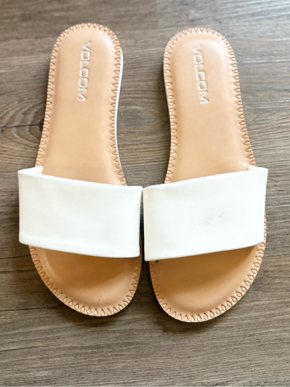 Volcom White Slide Sandals with Tan Footbed